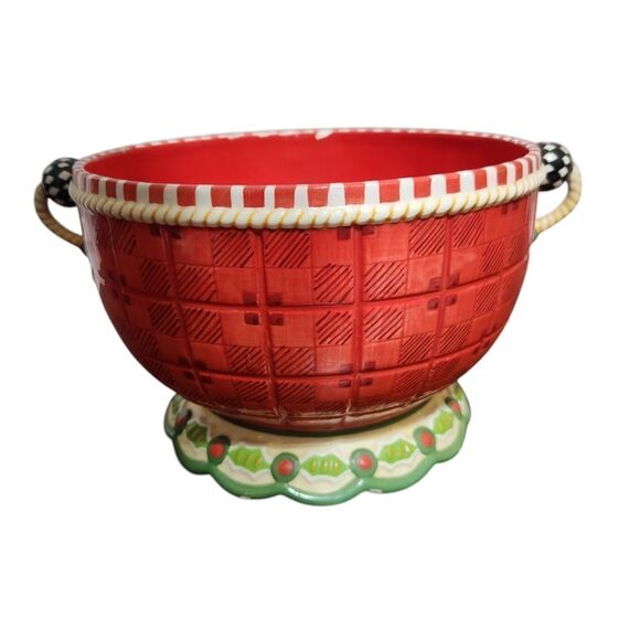 Mary Engelbreit Holiday Bowl Double Handle Punch Cup Pedestal Plaid Large - Picture 1 of 11
